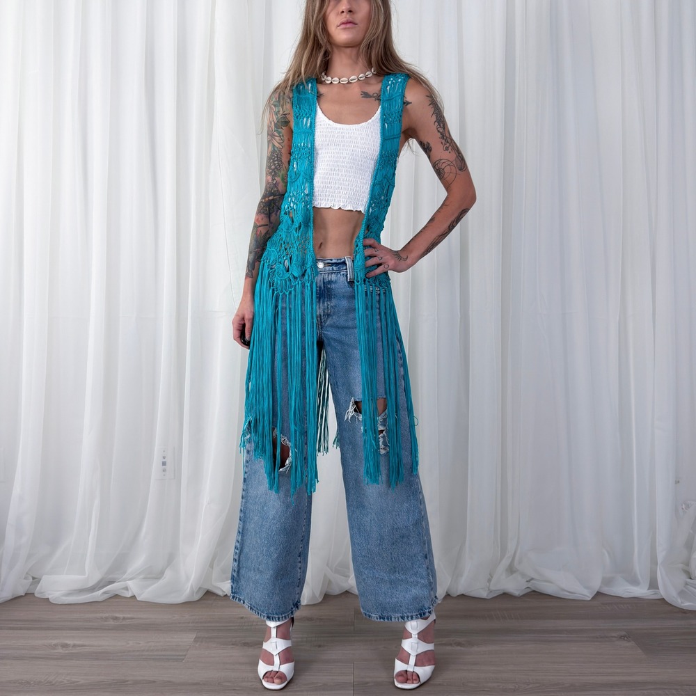 Pink Cattlelac Blue Crochet Fringe Festival Vest One Size Boho - Picture 2 of 8